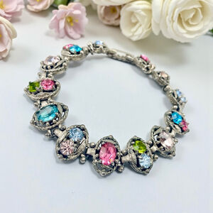 Vintage Hollycraft Fruit Salad Bracelet – Multicolor Rhinestone Statement.